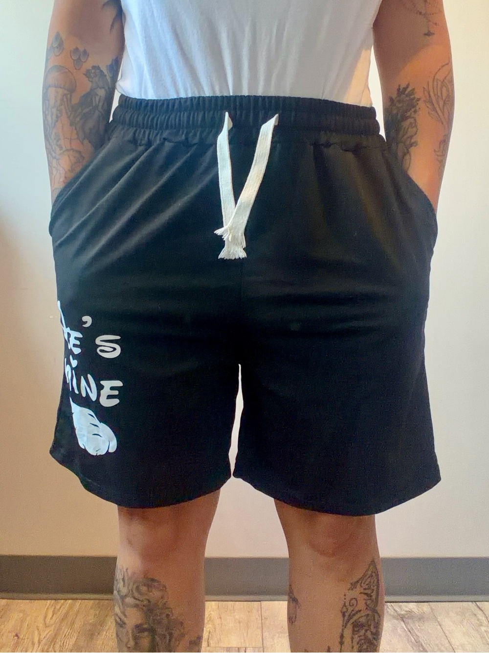 "He's Mine" Womens‎ Basketball Black Shorts Large Black and White w/ Drawstring
